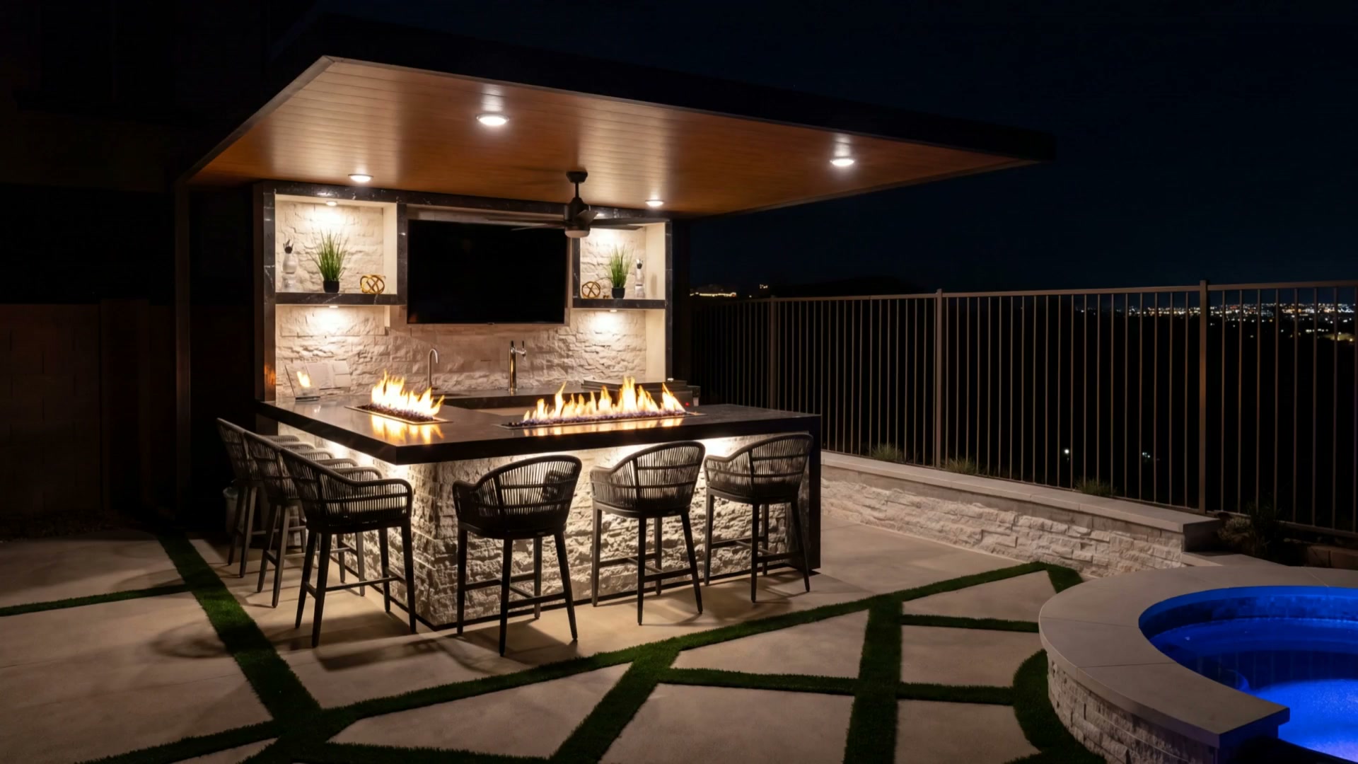 Wide dusk view of a louvred pergola sheltering a backlit bar run, stainless grill and mounted TV wall