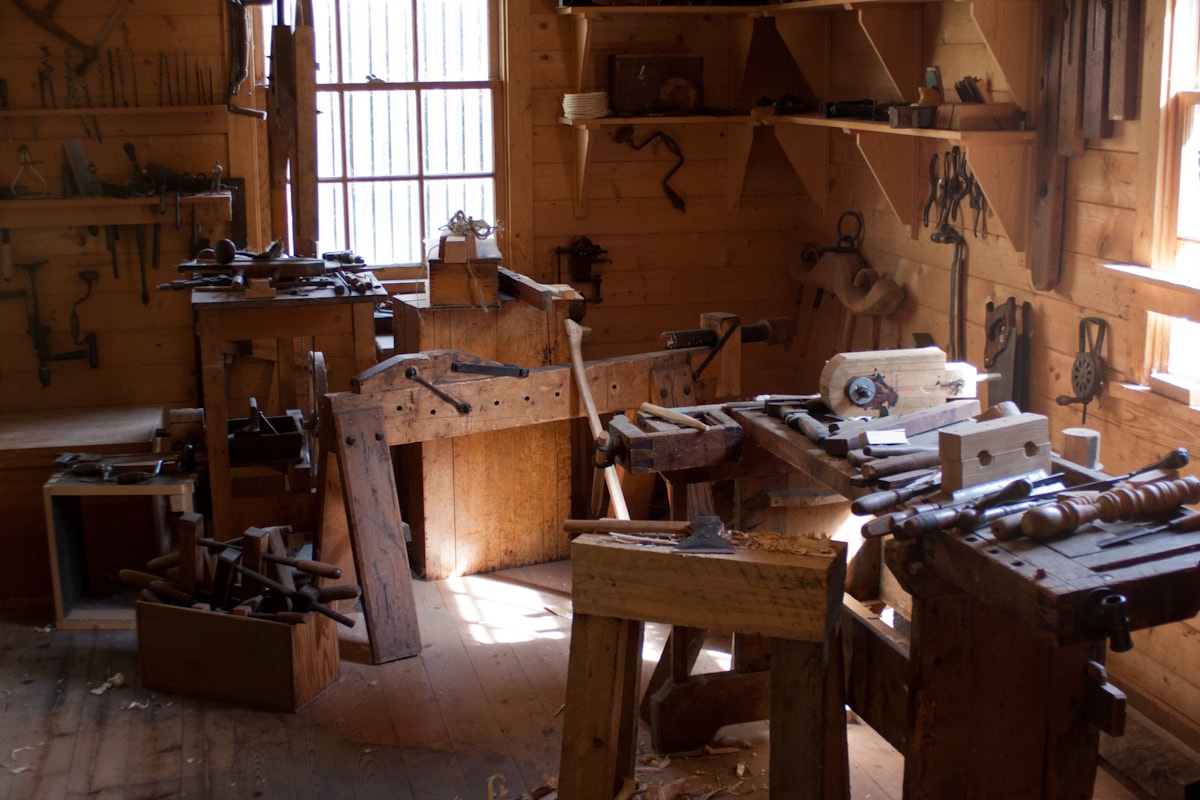 Shop drawings on a workbench