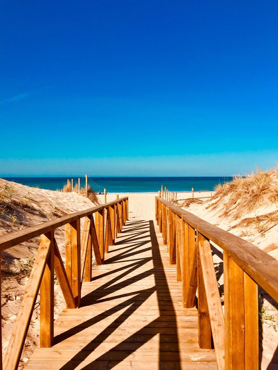 Timber walkway with slatted railings running down through dunes to the beach