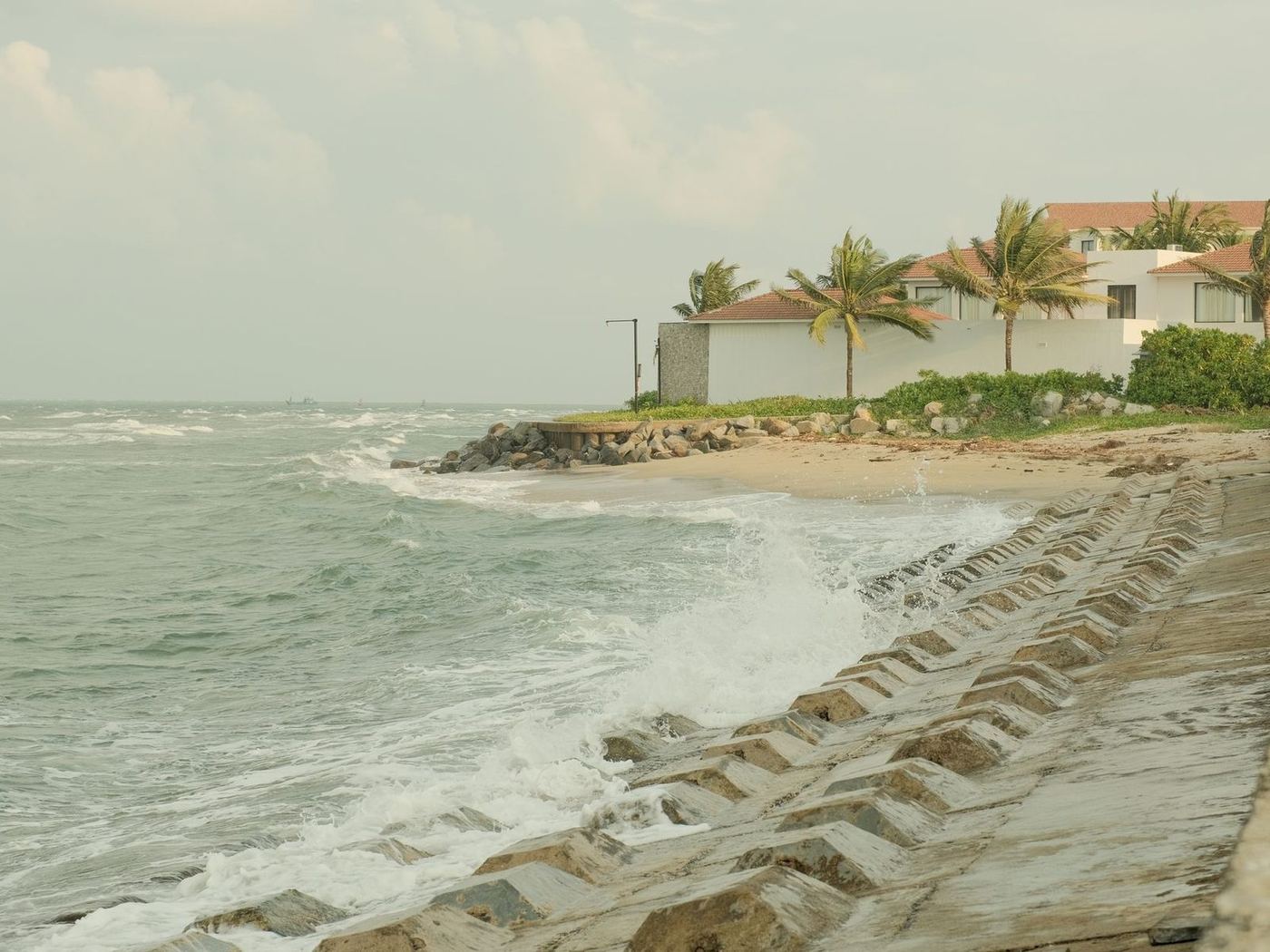 Concrete seawall running along the shore in front of a row of coastal houses