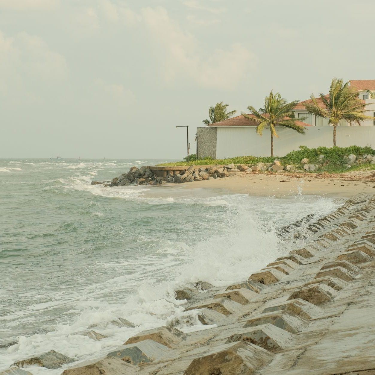Concrete seawall running along the shore in front of a row of coastal houses