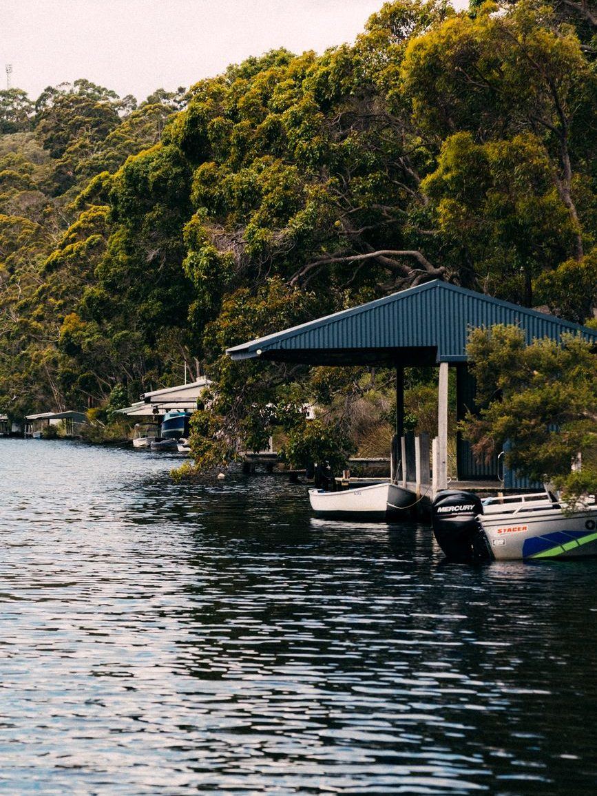 Covered boat dock with a canopy roof tucked into a wooded cove